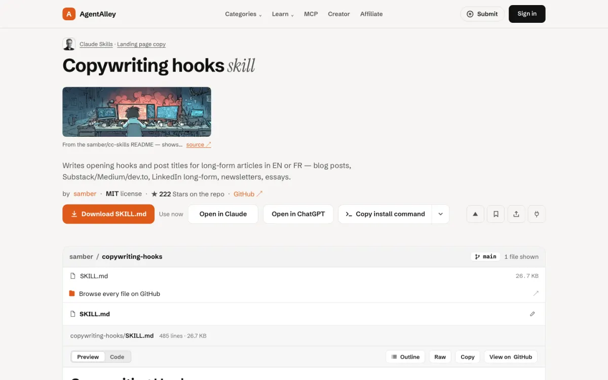 AgentAlley page for copywriting-hooks: title, short description, install buttons and the SKILL.md file