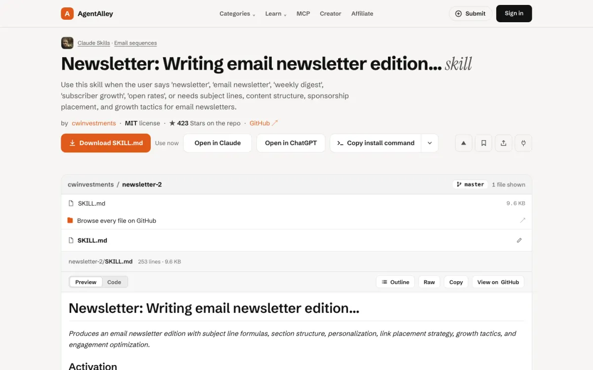 AgentAlley page for newsletter: title, short description, install buttons and the SKILL.md file