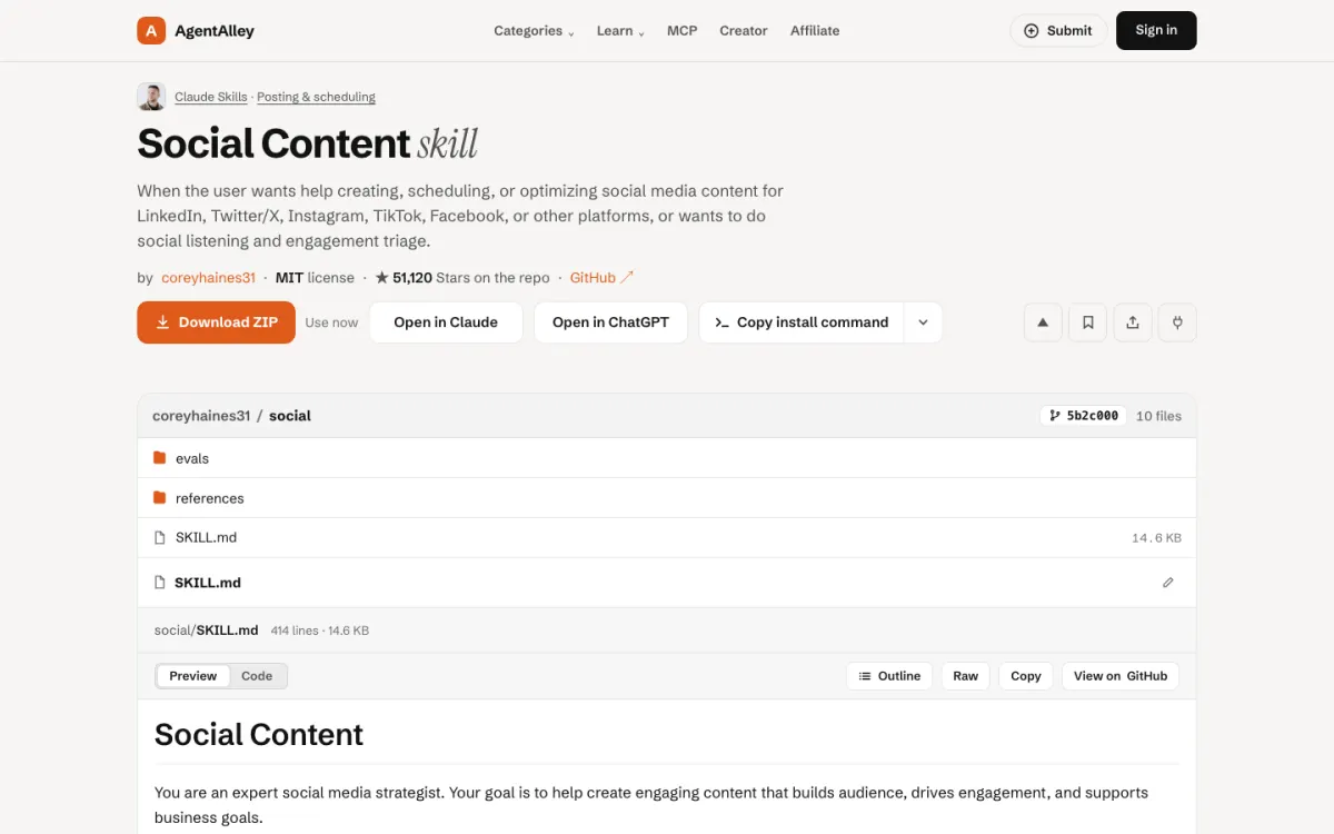 AgentAlley page for social: title, short description, install buttons and the SKILL.md file