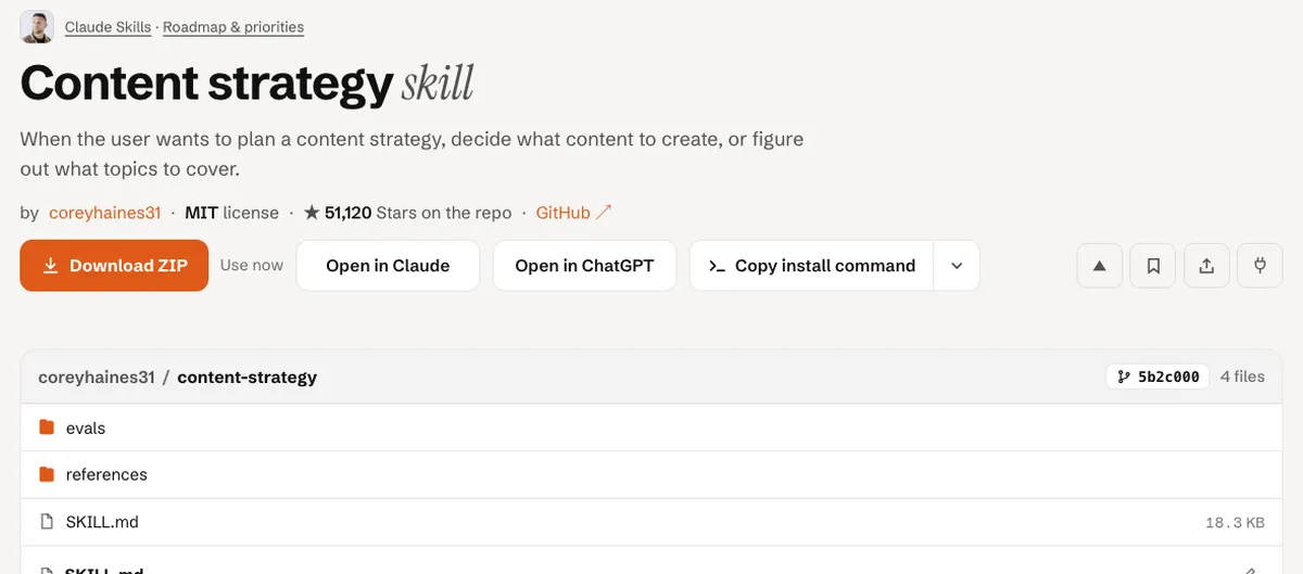 Top of the AgentAlley page for content-strategy showing the MIT license, the install buttons including Copy install command, and the start of the file list