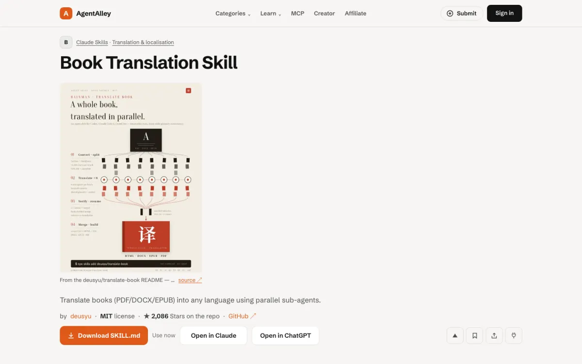 AgentAlley page for translate-book: title, short description, install buttons and the SKILL.md file