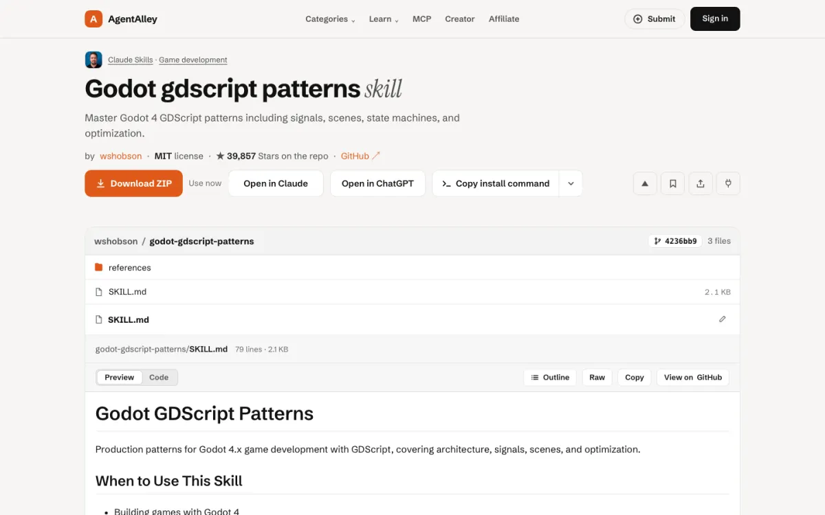 AgentAlley page for godot-gdscript-patterns: title, short description, install buttons and the SKILL.md file