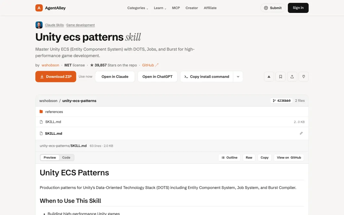 AgentAlley page for unity-ecs-patterns: title, short description, install buttons and the SKILL.md file