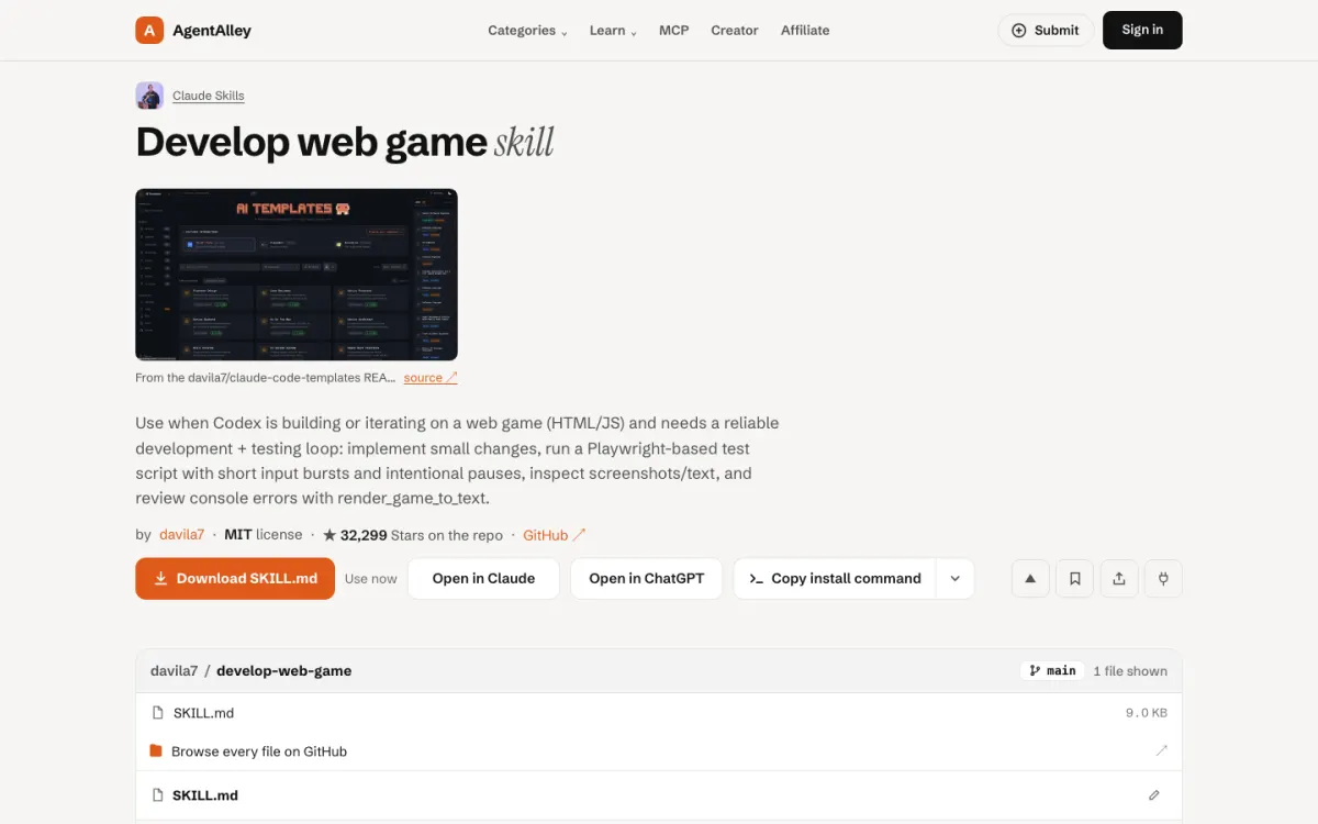 AgentAlley page for develop-web-game: title, short description, install buttons and the SKILL.md file
