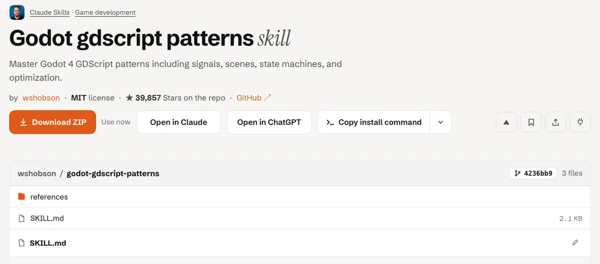 Top of the AgentAlley page for godot-gdscript-patterns showing the MIT license, the install buttons including Copy install command, and the start of the file list