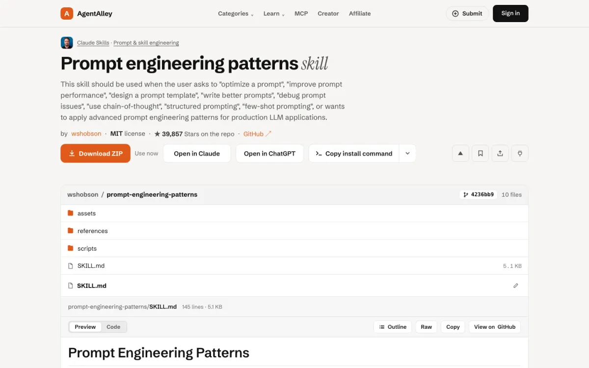 AgentAlley page for prompt-engineering-patterns: title, short description, install buttons and the SKILL.md file