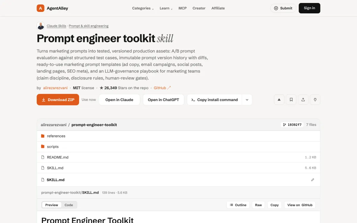 AgentAlley page for prompt-engineer-toolkit: title, short description, install buttons and the SKILL.md file