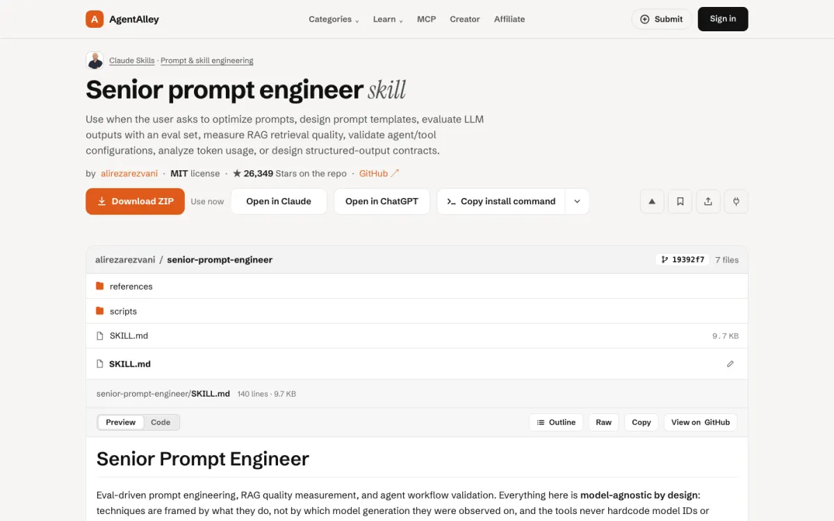 AgentAlley page for senior-prompt-engineer: title, short description, install buttons and the SKILL.md file