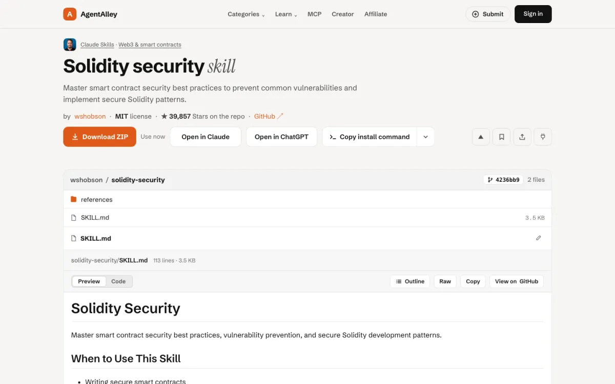 AgentAlley page for solidity-security: title, short description, install buttons and the SKILL.md file