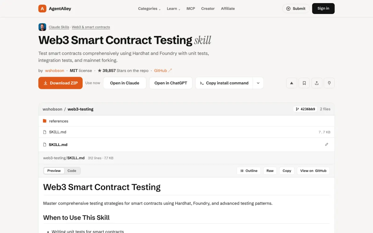 AgentAlley page for web3-testing: title, short description, install buttons and the SKILL.md file