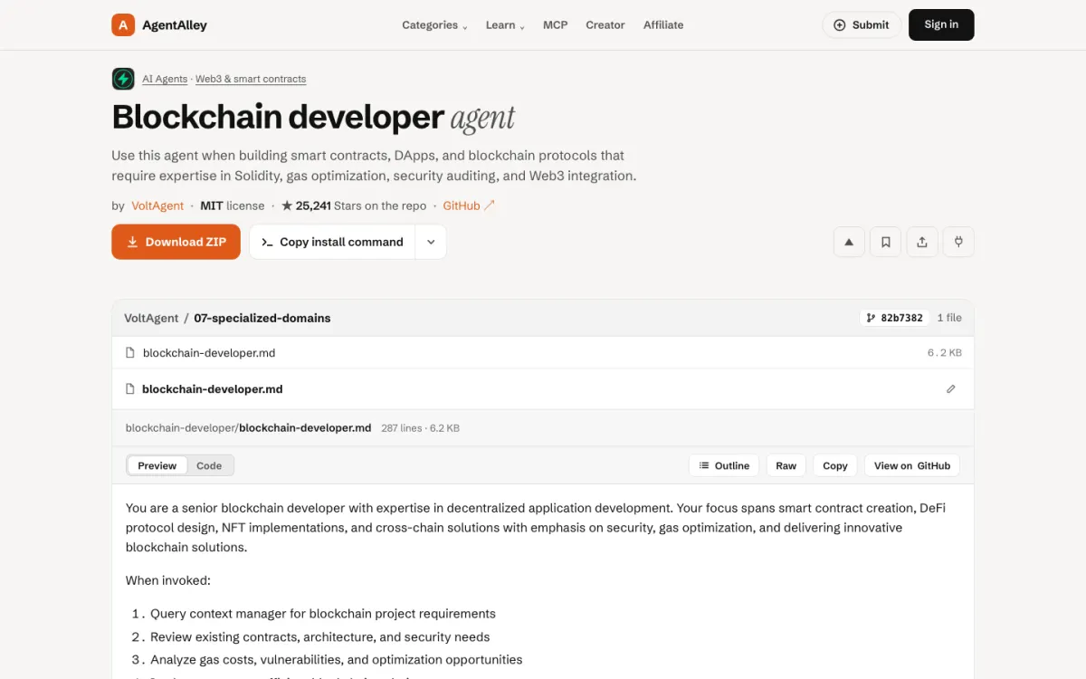AgentAlley page for blockchain-developer: title, short description, install buttons and the SKILL.md file