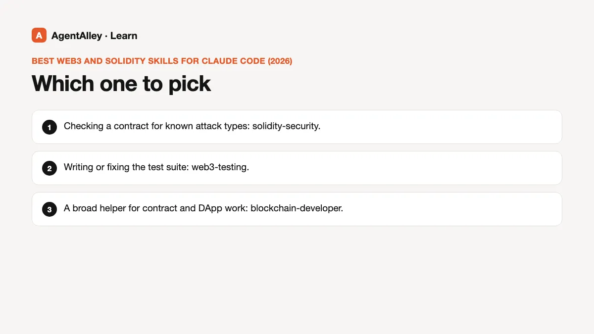 Diagram of 'Which one to pick' with 3 points: Checking a contract for known attack types:...; Writing or fixing the test suite: web3-testing.; A broad helper for contract and DApp work:...