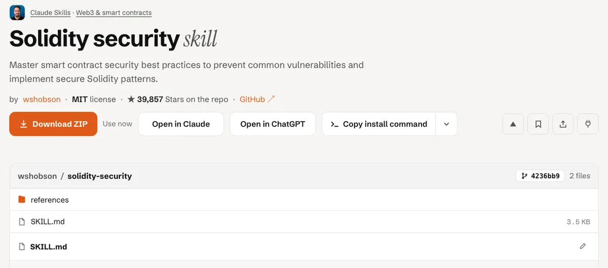 Top of the AgentAlley page for solidity-security showing the MIT license, the install buttons including Copy install command, and the start of the file list