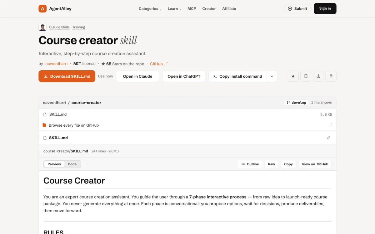 AgentAlley page for course-creator: title, short description, install buttons and the SKILL.md file