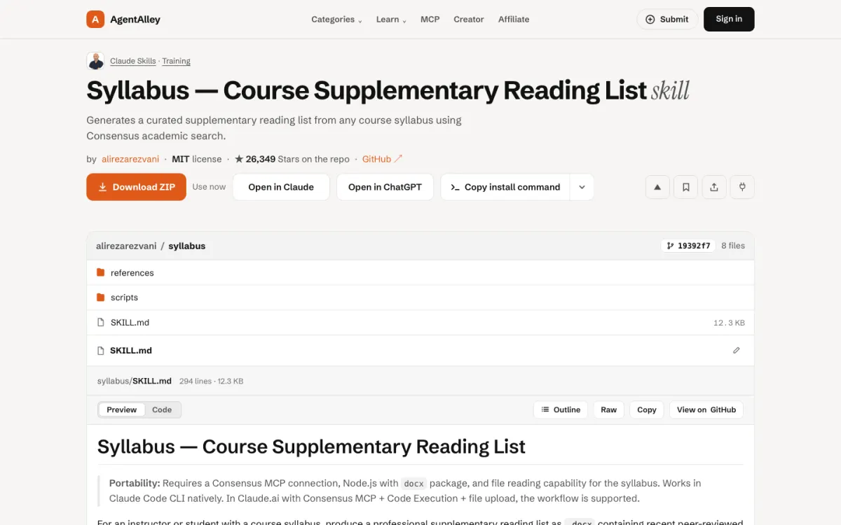 AgentAlley page for syllabus: title, short description, install buttons and the SKILL.md file