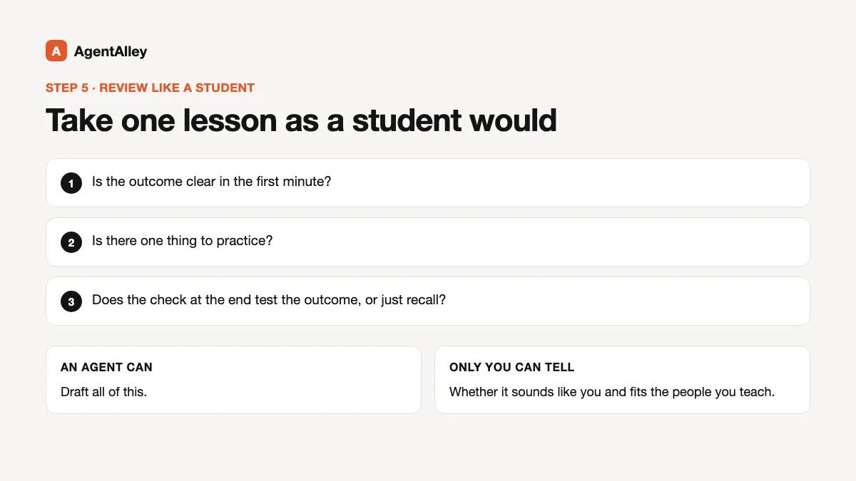 Checklist of three student questions for one lesson, plus what an agent can draft and what only the teacher can judge