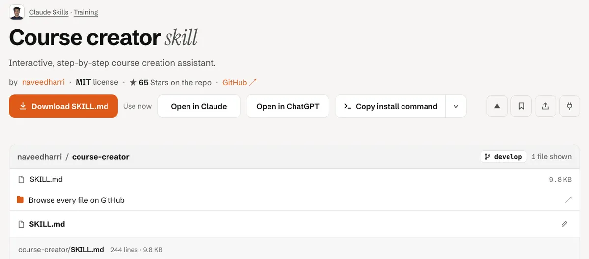 Top of the AgentAlley page for course-creator showing the MIT license, the install buttons including Copy install command, and the SKILL.md file list