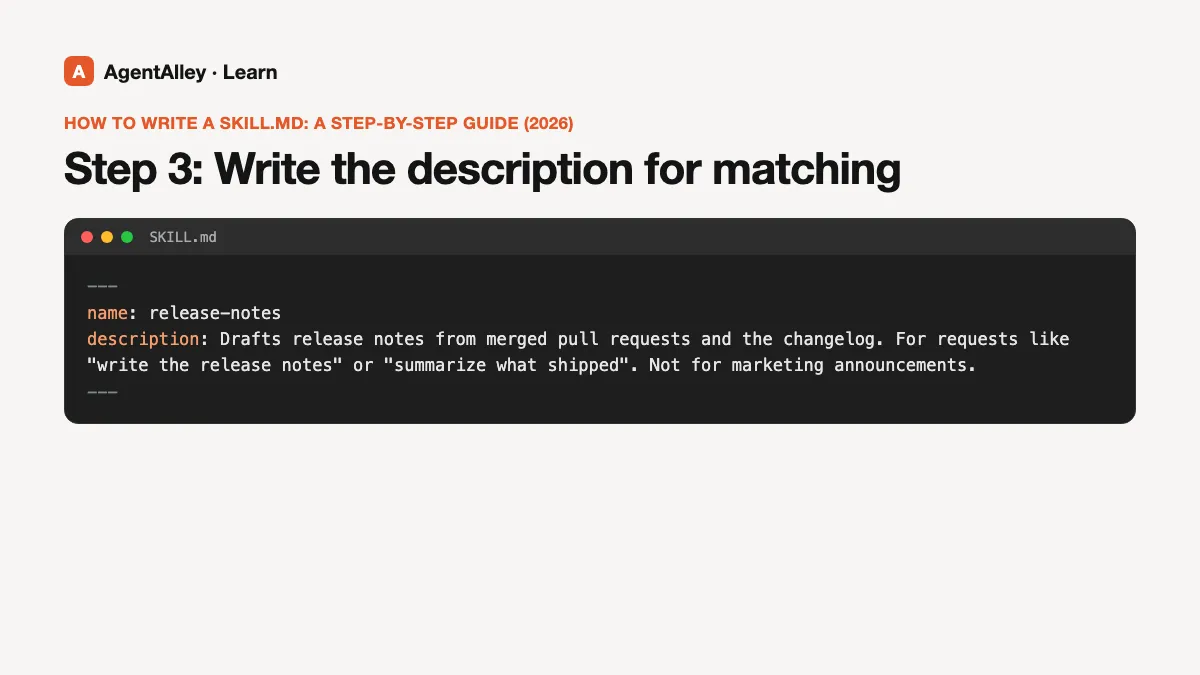 SKILL.md file window with the example from the section 'Step 3: Write the description for matching': name and description fields