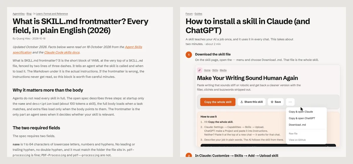 Screenshots of two AgentAlley pages: the blog post What is SKILL.md frontmatter and the forum guide How to install a skill in Claude