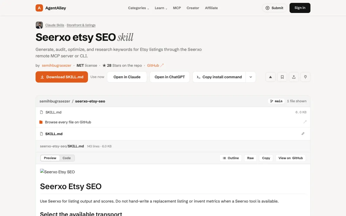 AgentAlley page for seerxo-etsy-seo: title, short description, install buttons and the SKILL.md file