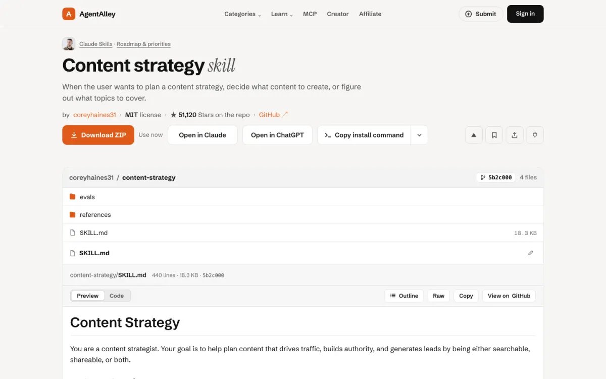 AgentAlley page for content-strategy: title, short description, install buttons and the SKILL.md file