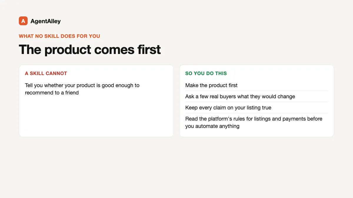 Two-column diagram: no skill can tell whether your product is worth recommending, so you make the product first, ask real buyers, keep listing claims true and read platform rules before automating